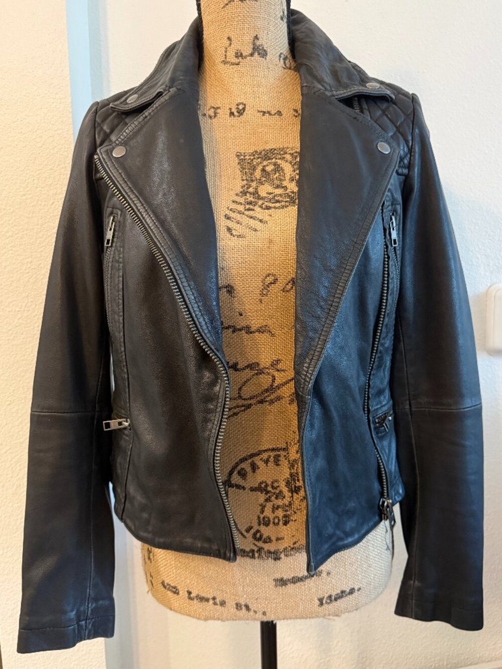 AllSaints Cargo Biker Black Sheep Leather Moto Jacket US 0
